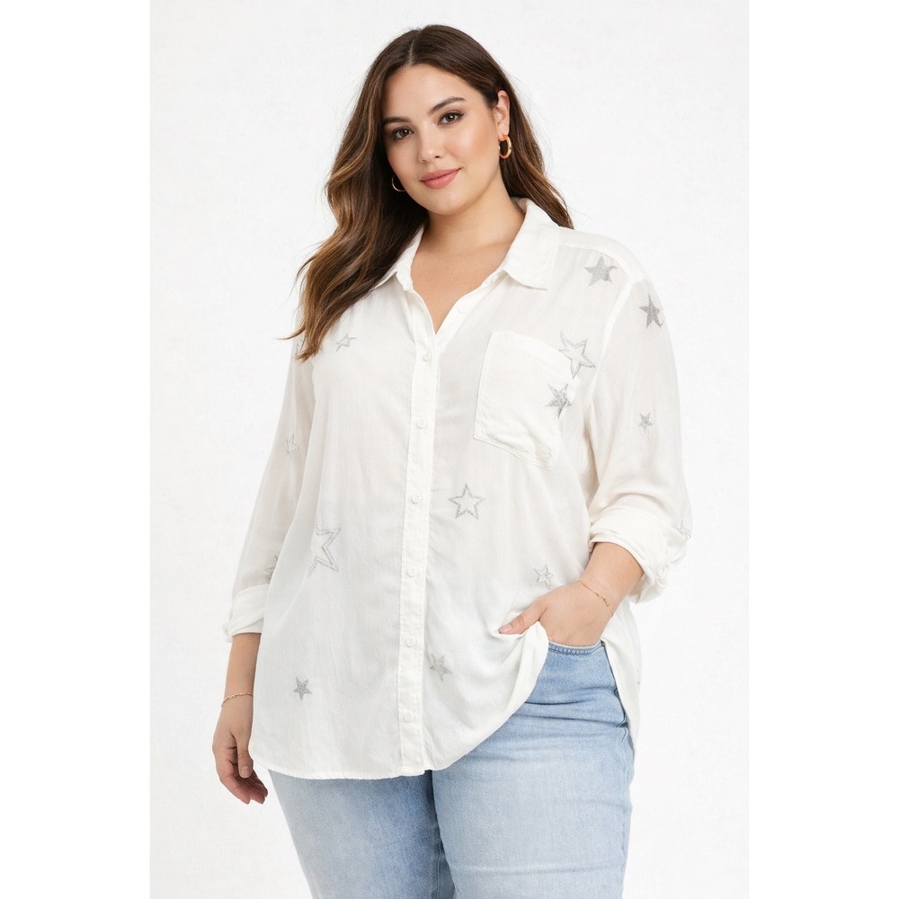 Torrid White Gauze Star Embroidered Button Up Blouse Plus Size 3 Silver Metallic
